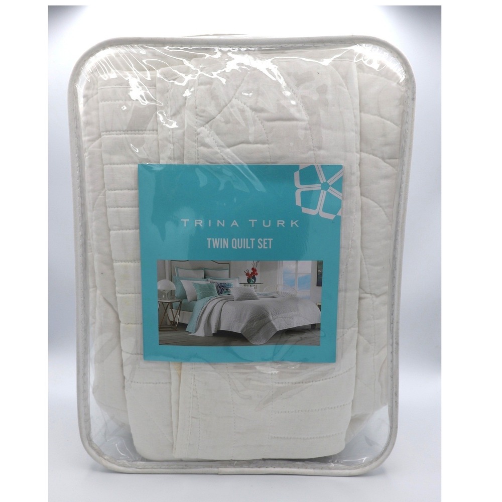 Trina Turk Twin Quilt Set Sham White Cotton Coastal Tropical Palm Desert NEW